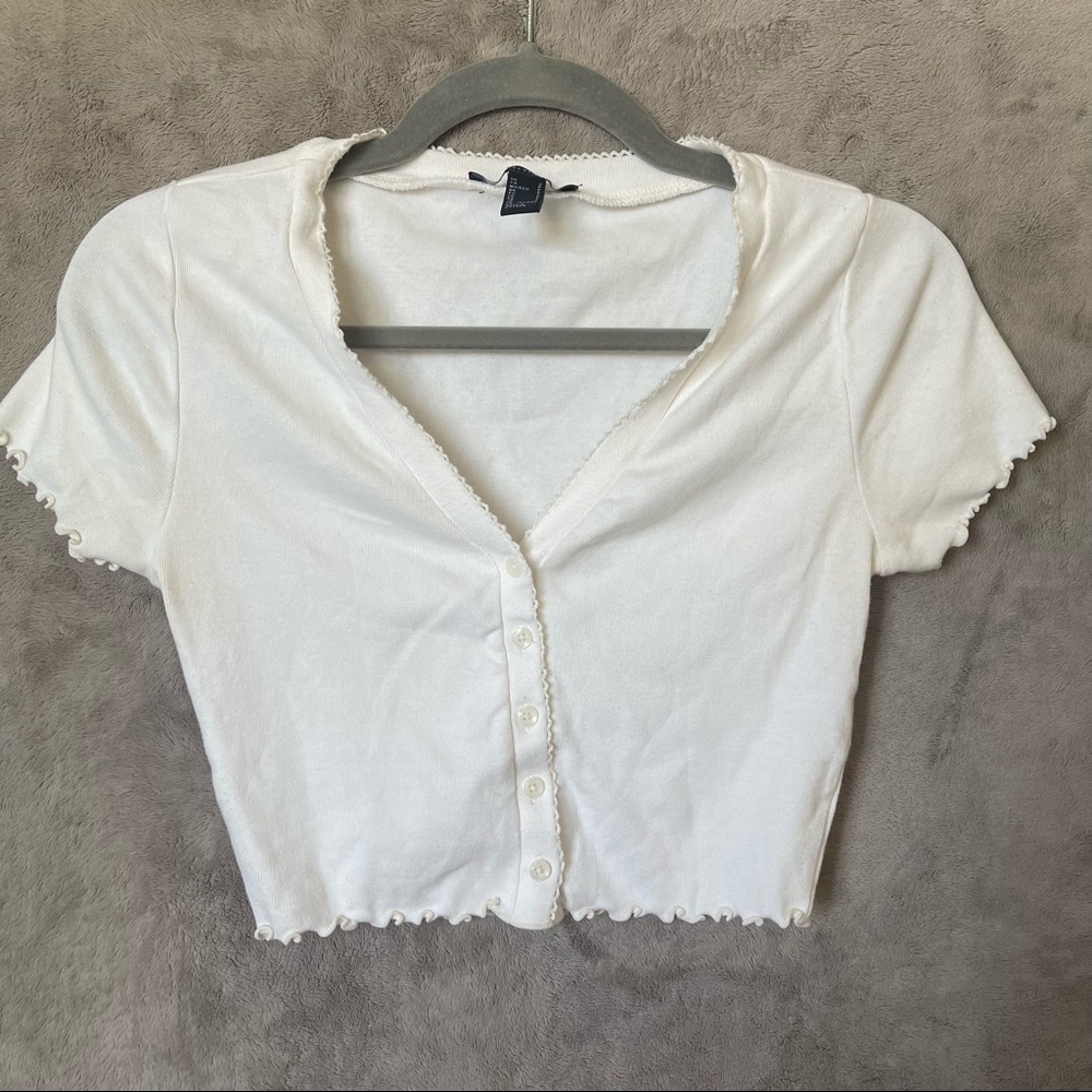 White Lettuce Edge Button Crop Top